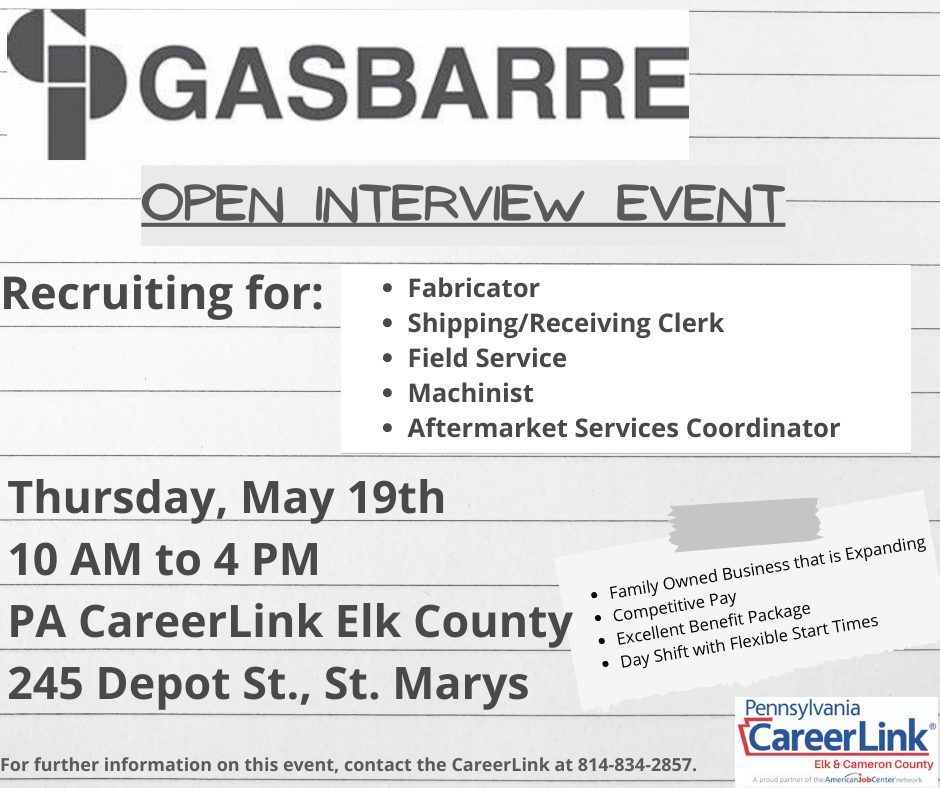 If you live in the Elk County area and love manufacturing, join Gasbarre for an open interview event!